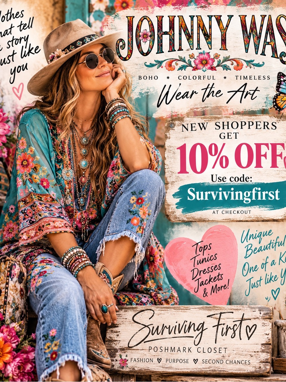 Johnny Was Tan Wide-Brim Embellished Boho Hat